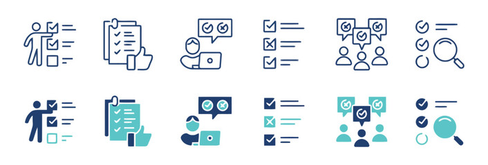 Survey and Feedback Icons Set Keywords: survey, feedback, checklist, clipboard, checkmark, thumbs up, person, user, group, people, magnifying glass, search, analysis, opinion, review