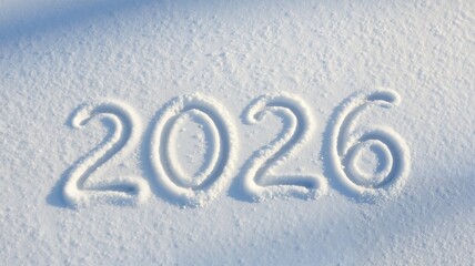 Handwritten lettering 2026 into the white snow. New Year 2026