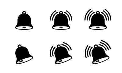Six Black Bell Icons Showing Different States Of Ringing On White Background