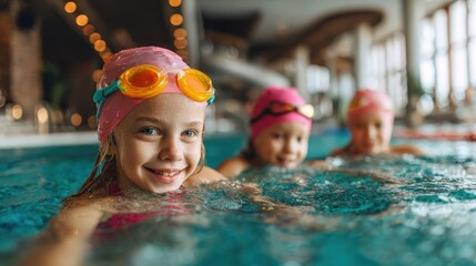 Young children enjoy swimming lesson activities inside an indoor aquatic facility