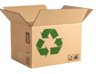 Recyclable cardboard shipping box with recycle symbol.