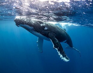 Large humpback whale swims underwater, bathed in sunlight