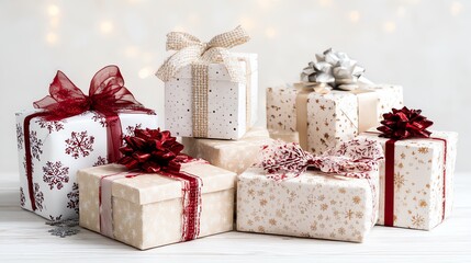 Beautifully decorated Christmas gift boxes were placed on the table against a white background