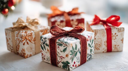 Beautifully decorated Christmas gift boxes were placed on the table against a white background