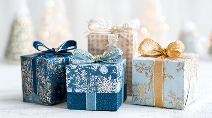 Beautifully decorated Christmas gift boxes were placed on the table against a white background