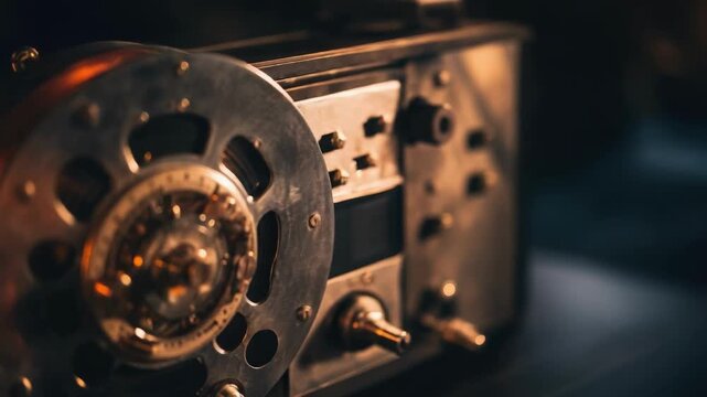 Close-up of a vintage mechanical rotor with gears and screws, bathed in warm orange light.