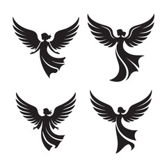 Fototapeta premium Elegant angel silhouette with wide soaring wings in minimalist black vector art