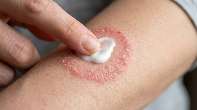 Close-up shot of a person applying topical cream to treat a ring-shaped, scaly rash, likely tinea corporis (ringworm), on their arm