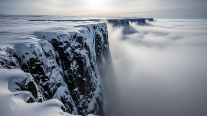 Snowy Cliff Edge in Soft Fog