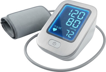 Digital blood pressure monitor with cuff displaying 120 over 80 mmHg and pulse rate of 72 beats per minute medical device health hypertension heart rate