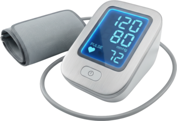 Digital blood pressure monitor with cuff displaying 120 over 80 mmHg and pulse rate of 72 beats per minute medical device health hypertension heart rate