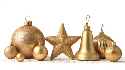 golden christmas decoration isolated on white. Golden ball, star, bell isolated on white 