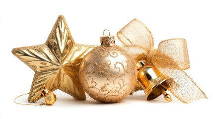 golden christmas decoration isolated on white. Golden ball, star, bell isolated on white 