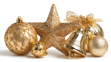 golden christmas decoration isolated on white. Golden ball, star, bell isolated on white 