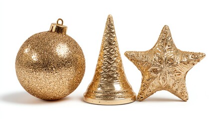 golden christmas decoration isolated on white. Golden ball, star, bell isolated on white 