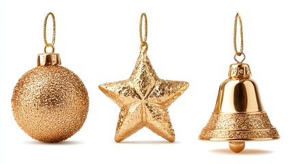 golden christmas decoration isolated on white. Golden ball, star, bell isolated on white 