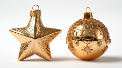 golden christmas decoration isolated on white. Golden ball, star, bell isolated on white 