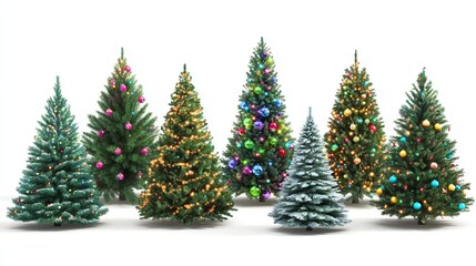 Various Christmas trees on a pure white background, adorned with colorful balls and lights
