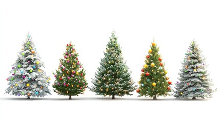 Various Christmas trees on a pure white background, adorned with colorful balls and lights