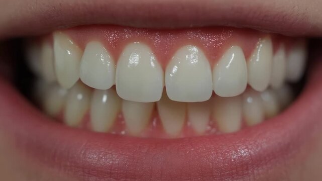 Close-up of a bright green toothbrush brushing the upper front teeth.
