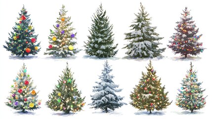 Various Christmas trees on a pure white background, adorned with colorful balls and lights