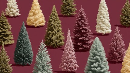 Various Christmas trees on a solid color background 