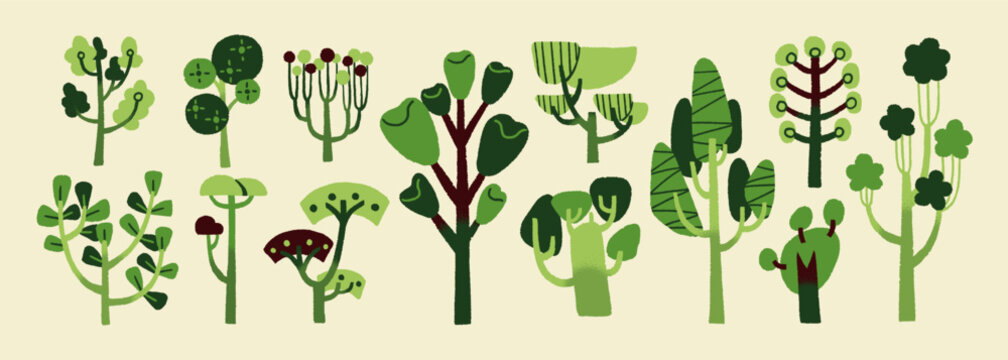 Abstract green trees set. Doodle woods with different shapes of crown and trunks. Forest plants with leaves and branches. Woodland nature. Flat isolated vector illustrations on white background