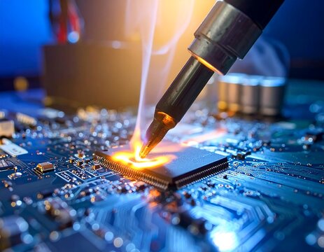 Soldering iron working on circuit board, illuminating components - Powered by Adobe