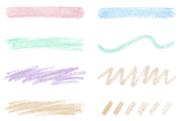 Pastel chalk-style strokes and scribbles on transparent background, perfect for hand-drawn highlights, underlines, notes, planners, classroom materials and playful creative graphic accents.