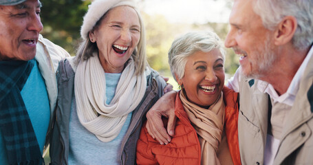 Smile, hug and laughing with old people in park for retirement, bonding or support. Happiness, adventure and social reunion with couple of senior friends outdoor for health, embrace and joke together