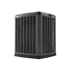 A dark gray outdoor air conditioning unit with a caged exterior isolated on transparent background