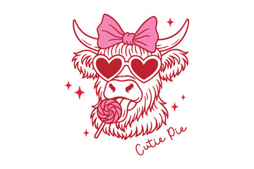 Cute Highland Cow with Sunglasses and Lollipop Vector Illustration Valentine T Shirt Design