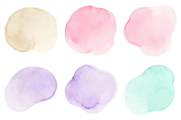 Soft watercolor blobs in warm and cool pastel tones on transparent background, ideal for highlights, backgrounds, social media posts, planners, branding accents and abstract artistic designs.