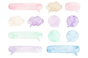 Watercolor speech bubbles in pastel tones on transparent background, ideal for notes, comments, social media posts, planners, journaling pages and cute handmade-style sticker designs.