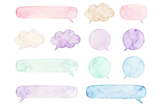 Watercolor speech bubbles in pastel tones on transparent background, ideal for notes, comments, social media posts, planners, journaling pages and cute handmade-style sticker designs. - Powered by Adobe