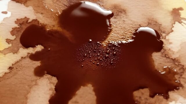 A rich, dark brown fluid drips and spreads across a textured, absorbent surface, creating dynamic and organic abstract patterns. The liquid beautifully interacts with lighter tones, resembling the nat