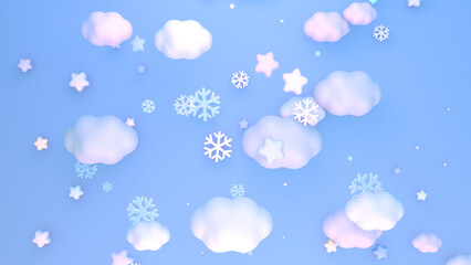 3D render cartoon winter snowflakes and clouds.