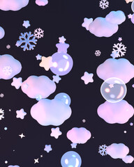 3D render cartoon winter snowflakes, bubbles, stars, and clouds on dark background.