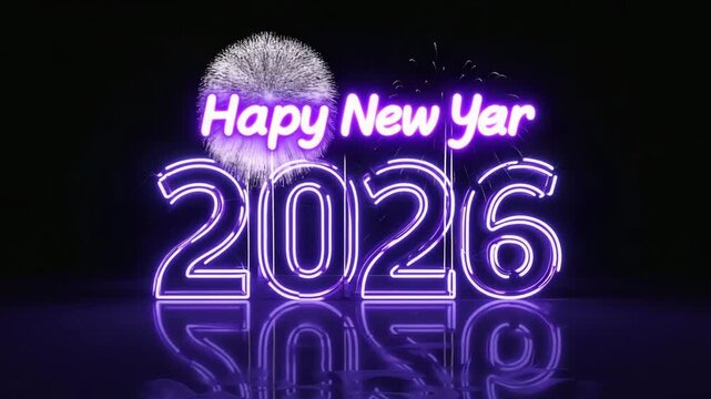 Happy new year 2026 neon sign with fireworks celebration