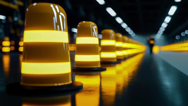 Glowing traffic cone safety barrier with reflective stripe dark warehouse industry, glossy floor depth perspective, low angle, symmetry, caution