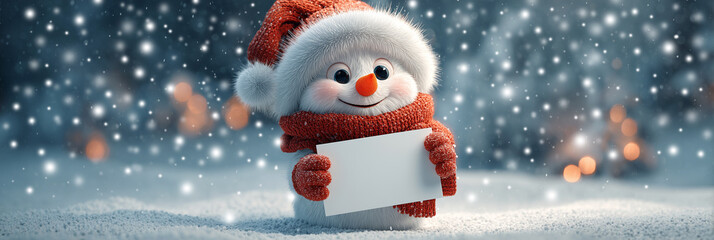 Full Figure of a Smiling Snowman Dressed as Santa Claus Holding a Blank Festive Sign with Copy Space in a Snowy Winter Scene. Perfect for Christmas or New Year Greetings. Generative Ai.