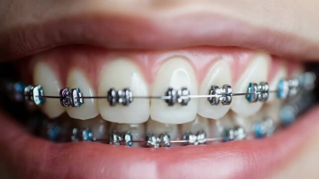 Close-up of teeth wearing metal braces with colorful elastic ligatures.