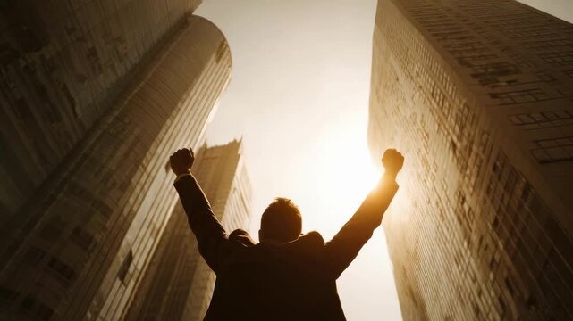 Silhouette of a person with arms raised in triumph between tall skyscrapers, backlit by the bright sun. - Powered by Adobe