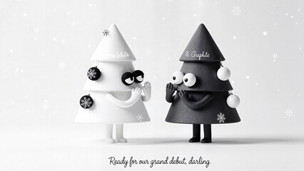 Handmade felt Christmas trees discussing their debut, humorous tone, black and white design