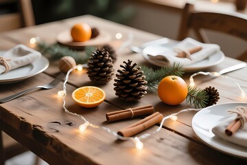 Cottagecore Christmas Table Setting Top-down Macro Photography.