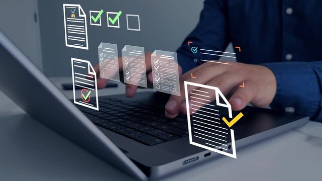 Business person using laptop with digital documents checkmark. Concept of workflow automation, online approval,compliance, task management, quality control, process validation and document check.