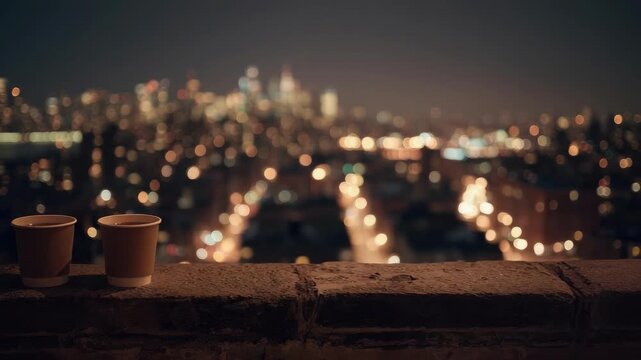 Two coffee cups sit on a brick ledge overlooking a city at night, with blurred bokeh lights in the background.