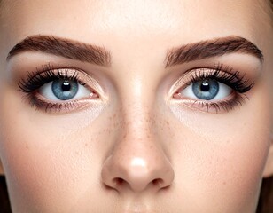 Obraz premium Close-up of a fair-skinned woman's face, showcasing blue eyes
