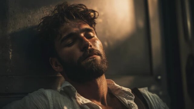 A man with a scruffy beard leans against a metal wall in a dim subway car, eyes closed, wearing a white shirt.