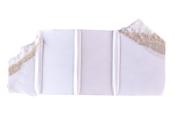 Isolated torn strip of white textured paper with soft shadows on a clean background. Suitable for collage artwork, scrap design, stationery mockups, and minimal compositions needing a realistic ripped